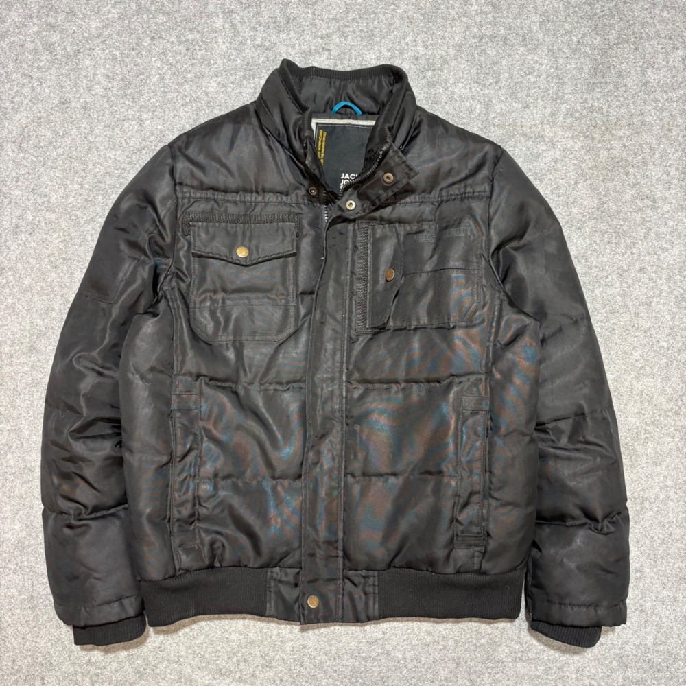 Jack & Jones Mens Black Quilted Puffer Bomber Jacket Size L Full Zip Coat